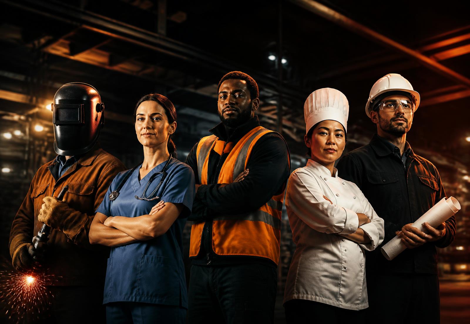 Skilled professionals from around the world: a welder, nurse, logistics worker, chef and site engineer